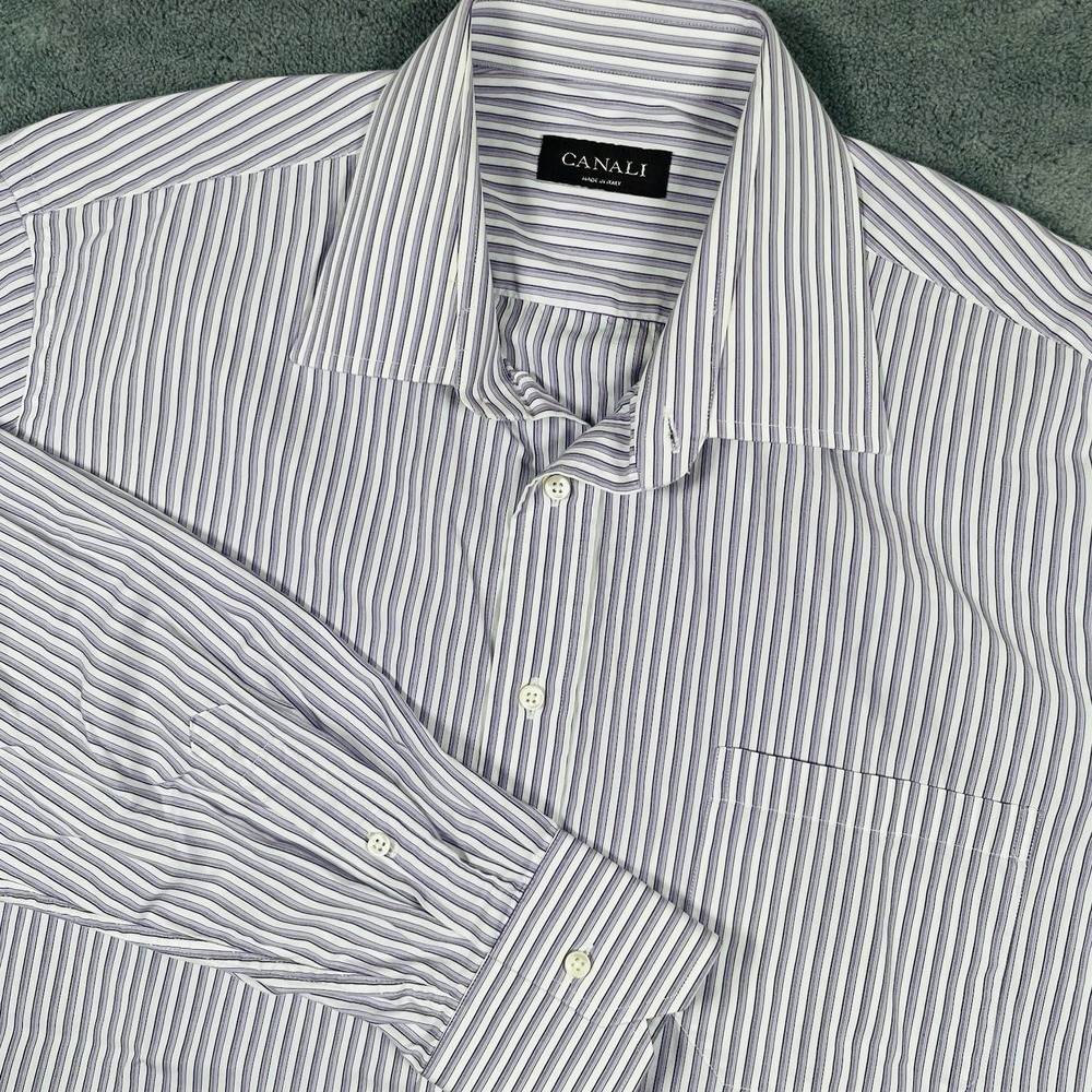 Canali Mens Dress Shirt 43 17 Purple White Striped Button Cotton Made In Italy
